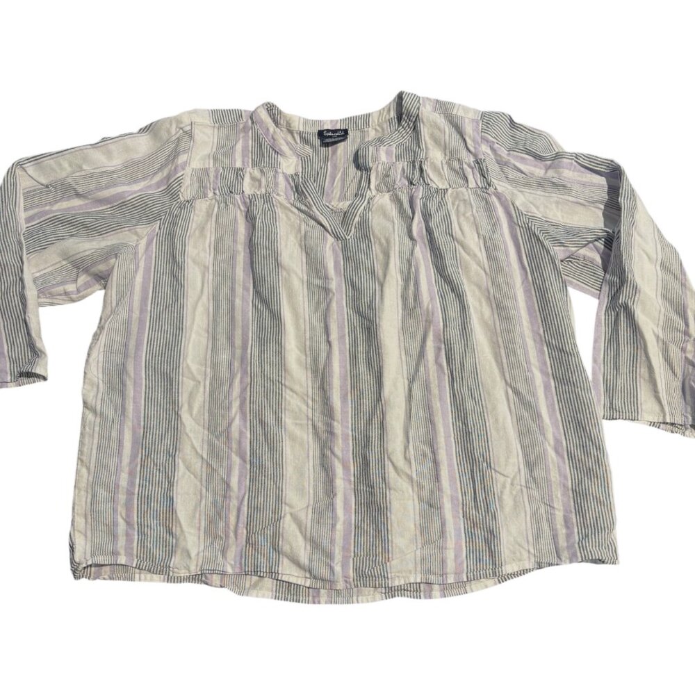 Splendid women's linen blend striped white purple v-neck blouse shirt sz L